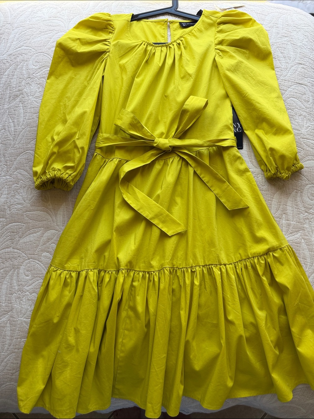 New York & Company Bright Yellow Puff-Sleeve Tie-Waist Long Dress